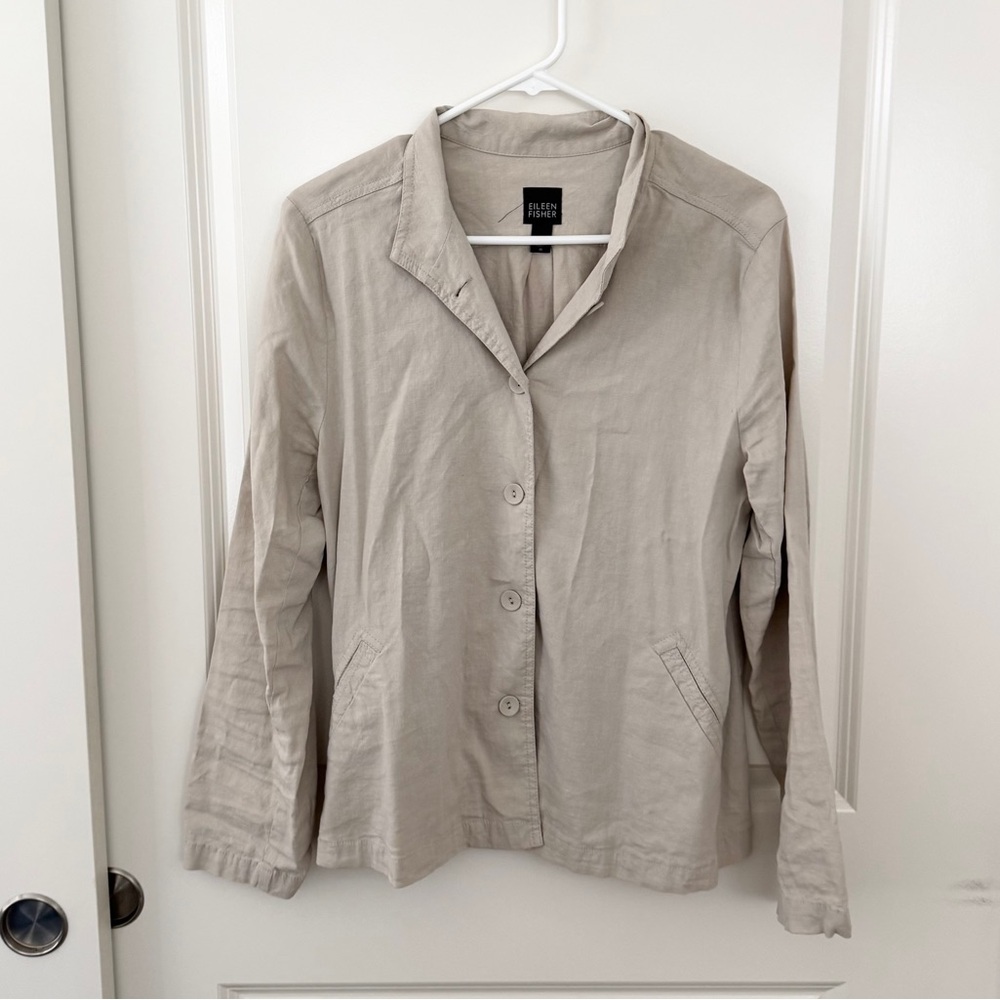 Eileen Fisher Light Weight Linen Blend Collared Button Front Work Jacket Medium